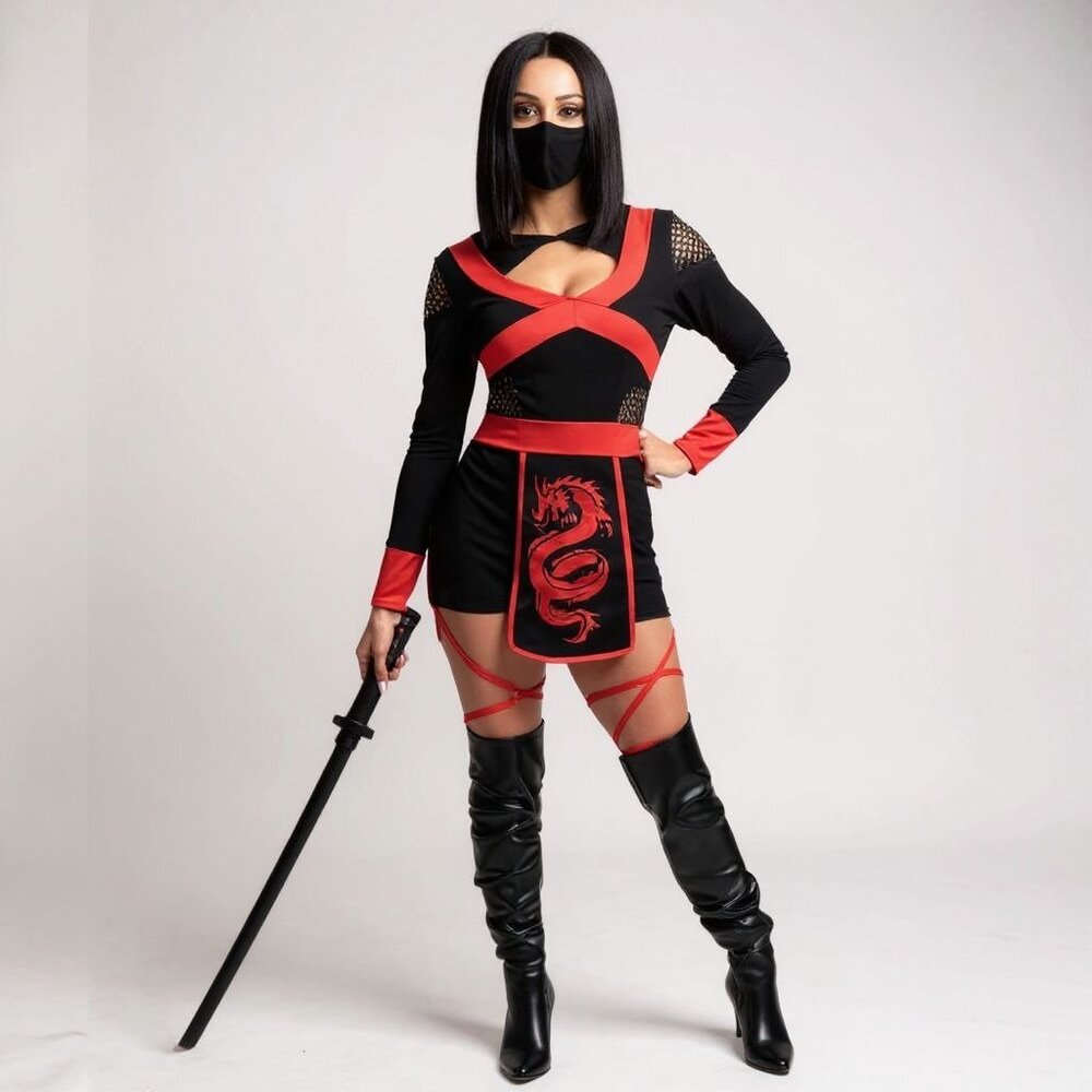 Womens Sexy Ninja Costume Set S Hooded Romper & Mask Black/Red Spooktacular Crea